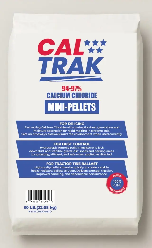 CalTrak calcium chloride 50 lb bag back label listing de-icing, dust control and tractor tire ballast uses