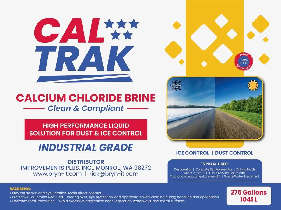 CalTrak calcium chloride brine info panel listing typical uses including drilling fluids and oil field service chemicals