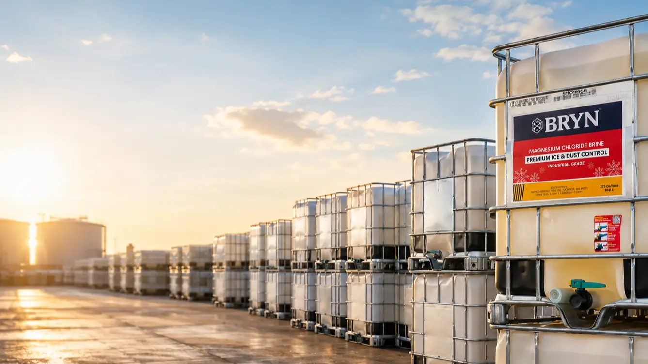 A row of Bryn labelled IBC totes in the yard at golden hour